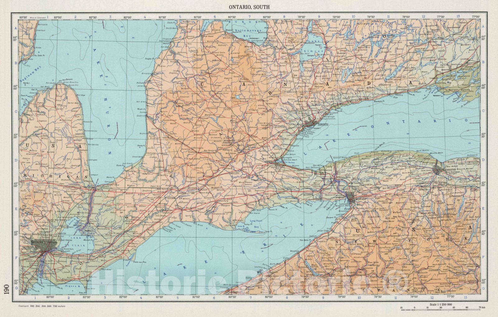 Historic Map : 1967 190. Ontario, South. The World Atlas. - Vintage Wall Art