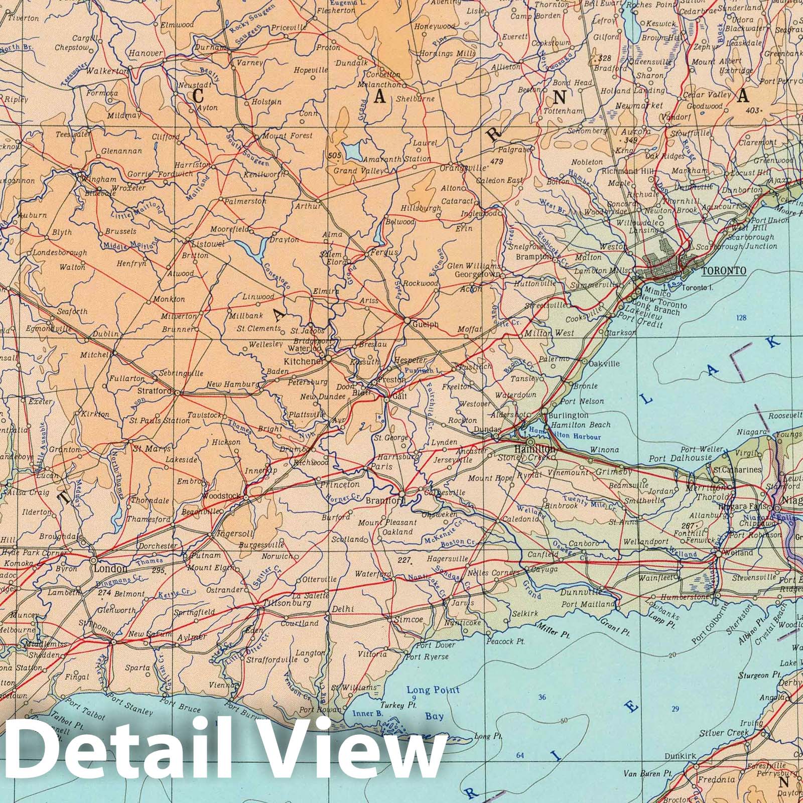 Ontario, South - Physical Map, 1967 - Soviet World Atlas Print