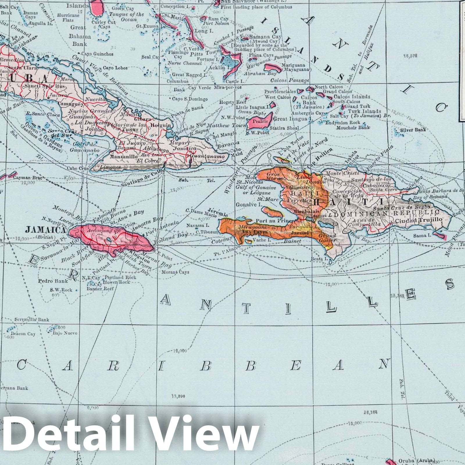 West Indies & Bermudas Physical Map 1948 - Hammond's New World Atlas