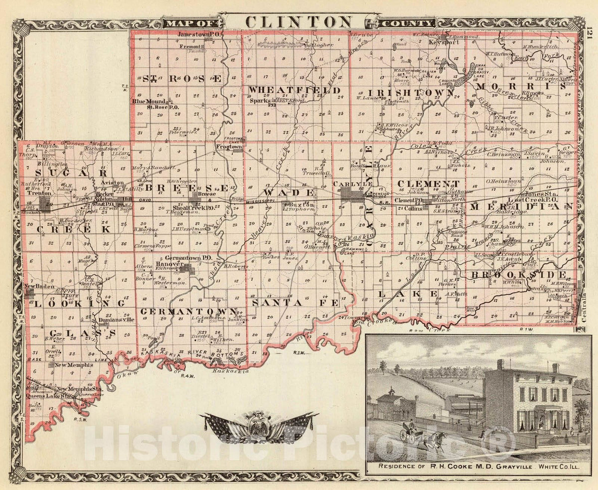 Historic Map : 1876 Map of Clinton County, and view of residence in Grayville, White Co, Ill. - Vintage Wall Art