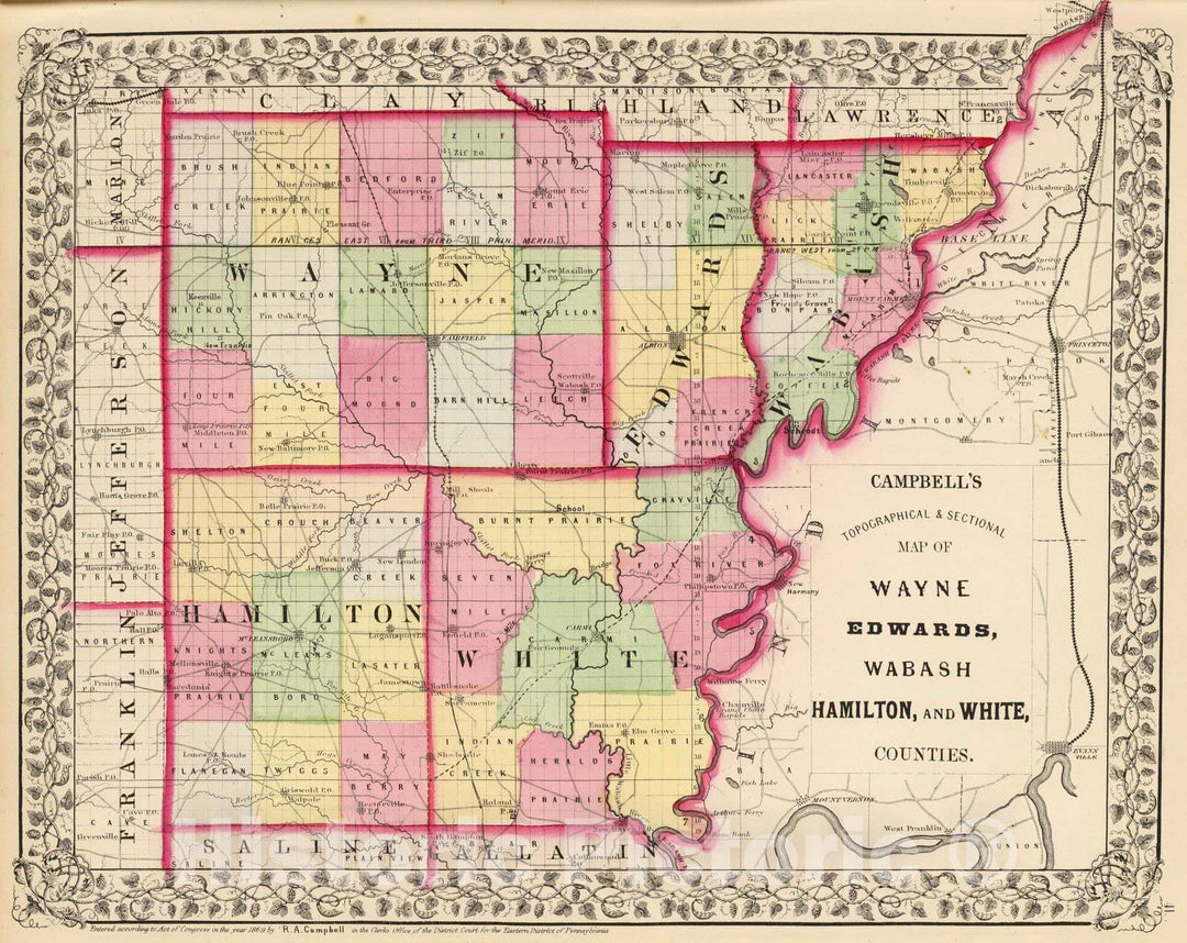 Historic Map : 1870 Wayne, Edwards, Wabash, Hamilton, White counties. - Vintage Wall Art