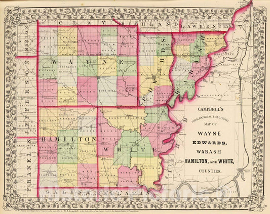 Historic Map : 1870 Wayne, Edwards, Wabash, Hamilton, White counties. - Vintage Wall Art