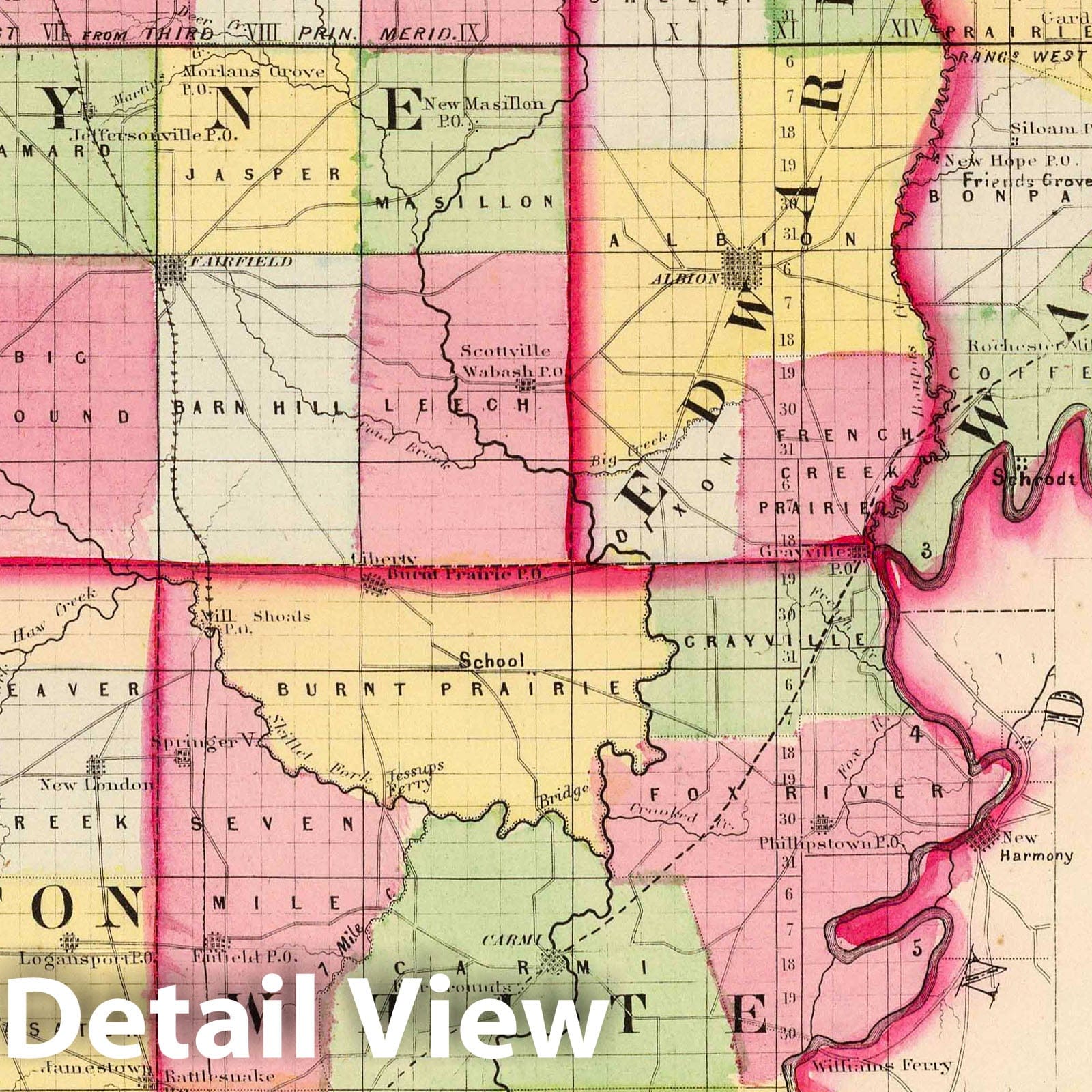 1870 Railroad Map - Wayne, Edwards, Wabash, Hamilton & White Counties, Illinois