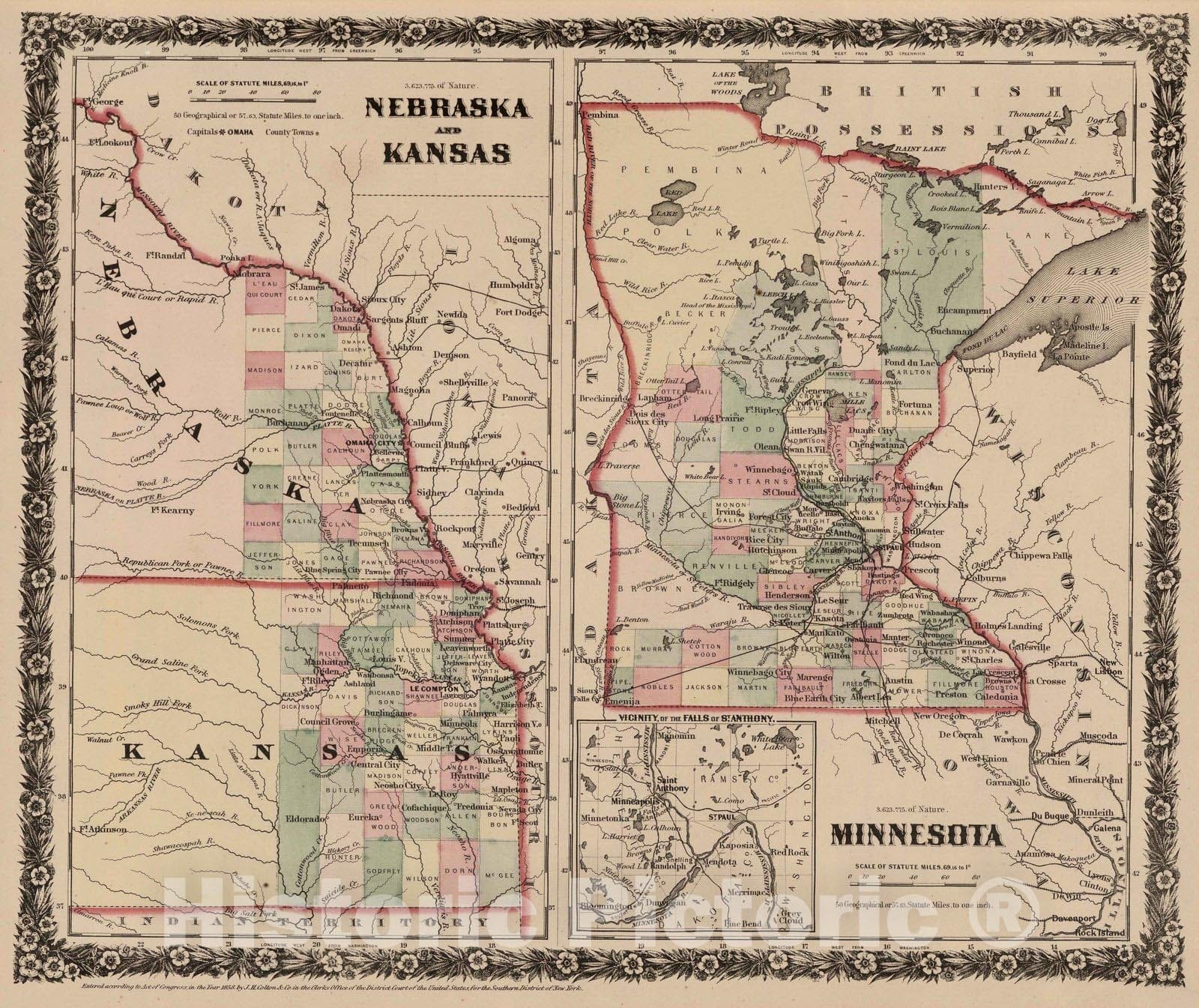 Historic Map : 1858 Nebraska and Kansas. Minnesota. - Vintage Wall Art