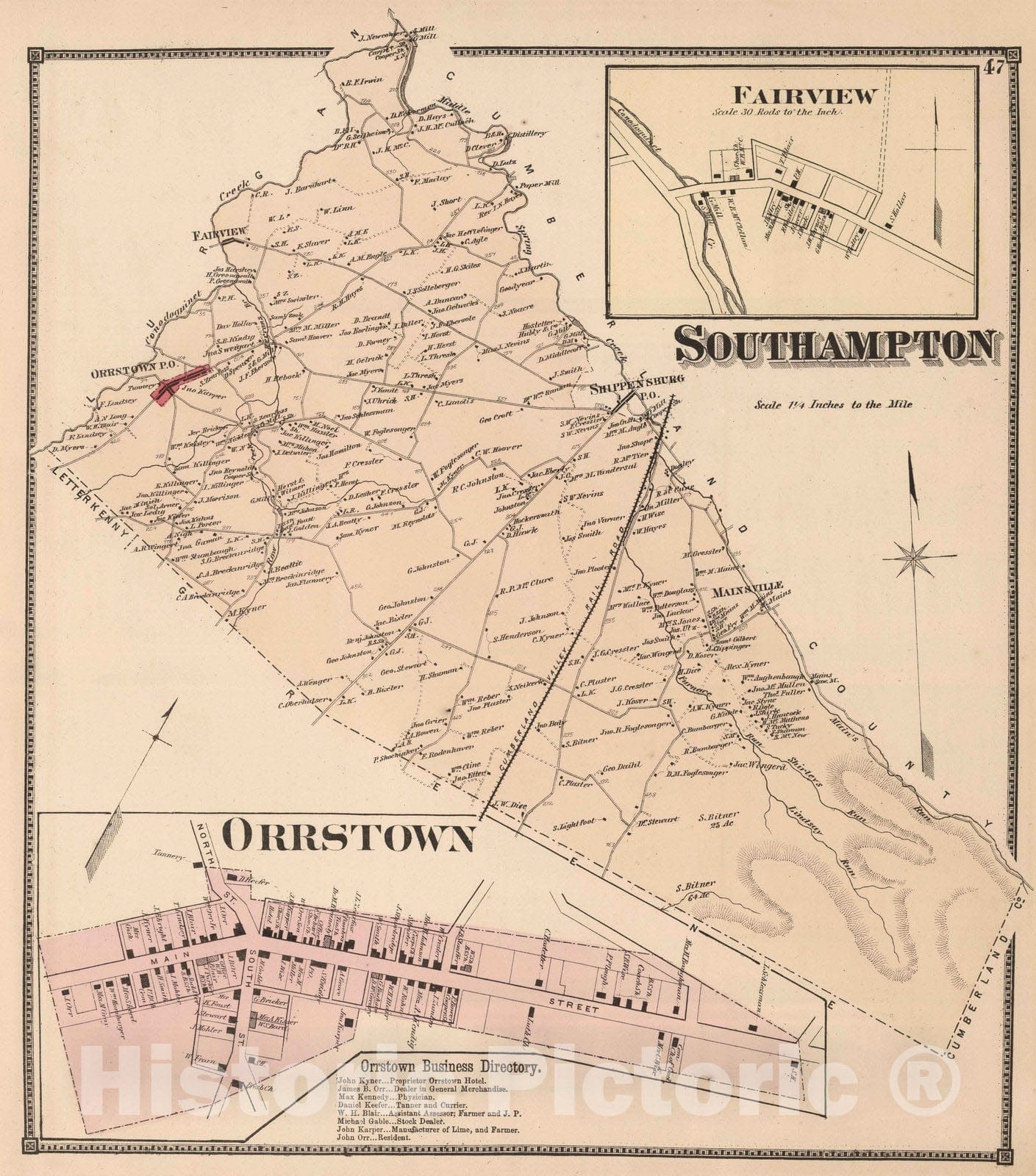 Historic Map : 1868 Southampton, Franklin County, Pennsylvania. Orrstown. Fairview. - Vintage Wall Art
