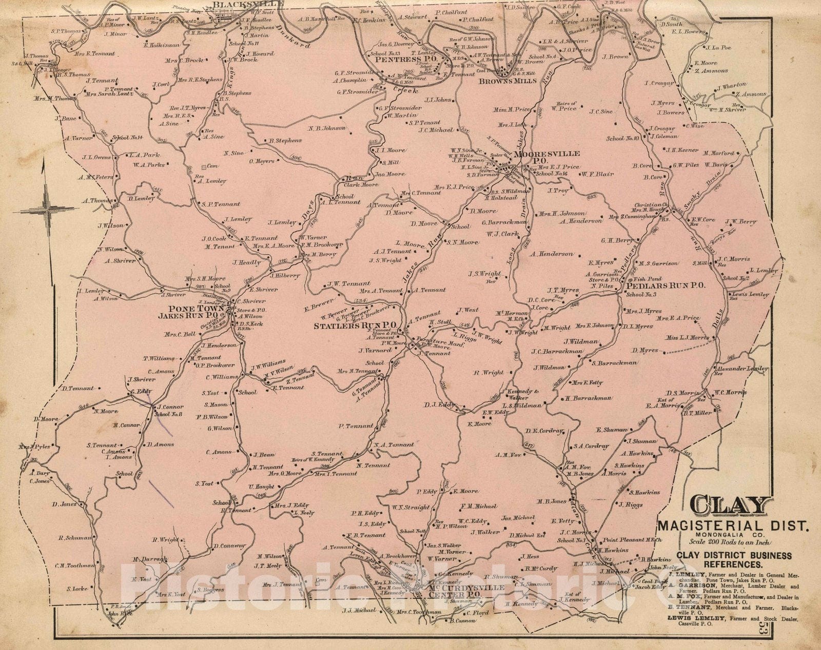 Historic Map : 1886 Clay Magisterial District, Monongalia County, West Virginia. - Vintage Wall Art