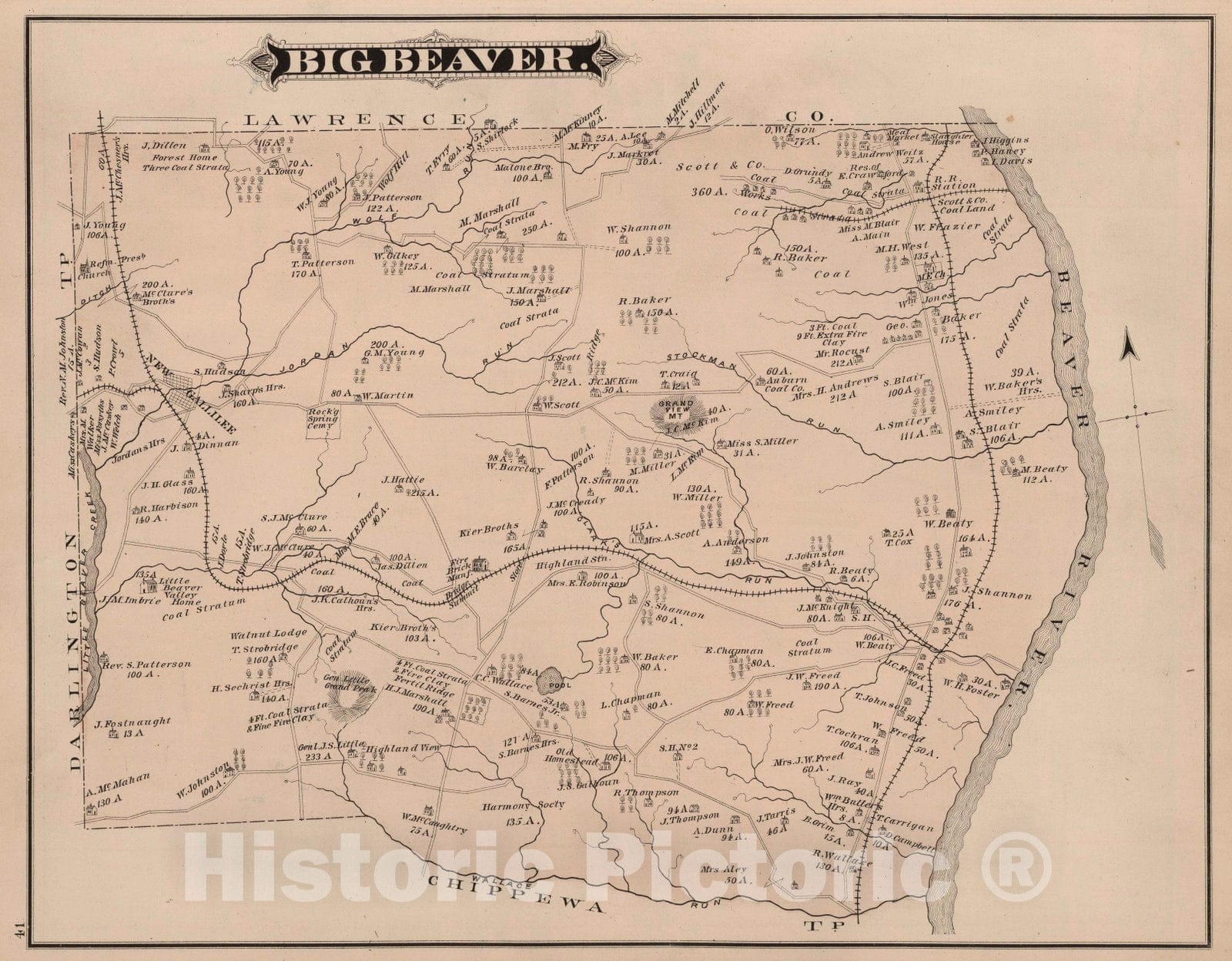 Historic Map : 1876 Big Beaver Township, Beaver County, PA. - Vintage Wall Art