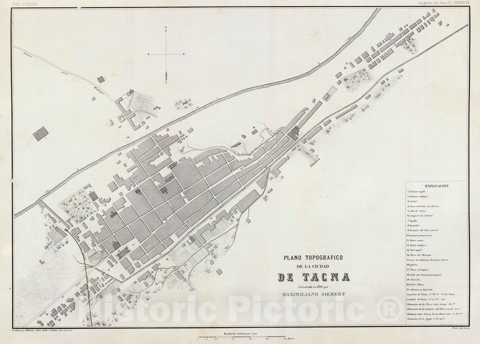 Historic Map : Peru , Tacna (Peru), 1865 Plano topografico, Ciudad de Tacna. , Vintage Wall Art