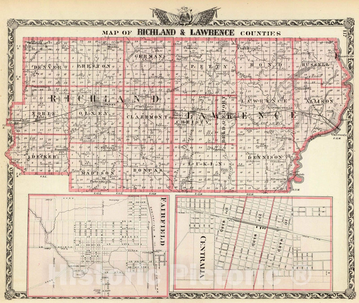 Historic Map : 1876 Map of Richland & Lawrence counties, Centralia and Fairfield. - Vintage Wall Art
