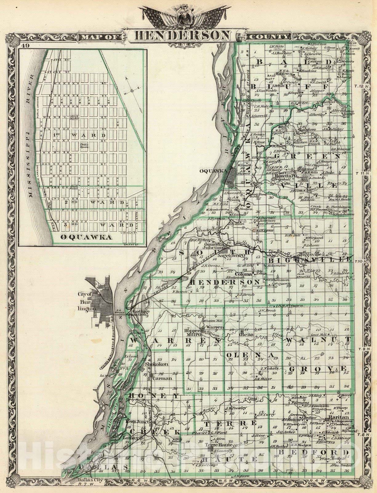 Historic Map : 1876 Map of Henderson County and Oquawka. - Vintage Wall Art