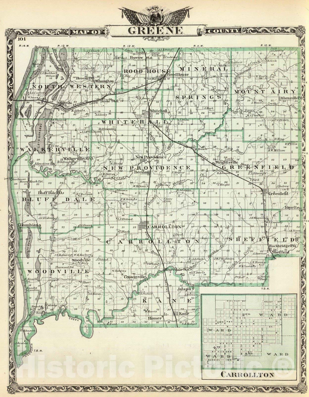 Historic Map : 1876 Map of Green County and Carrollton. - Vintage Wall Art