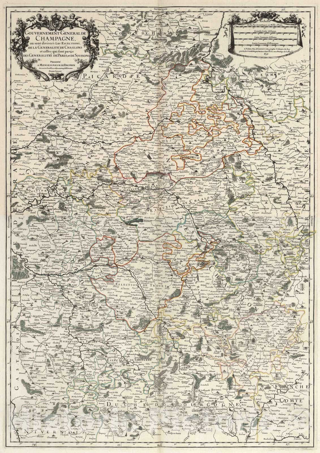 Historic Map : Champagne , France 1695 Composite Map: Gouvernement General de Champagne. , Vintage Wall Art