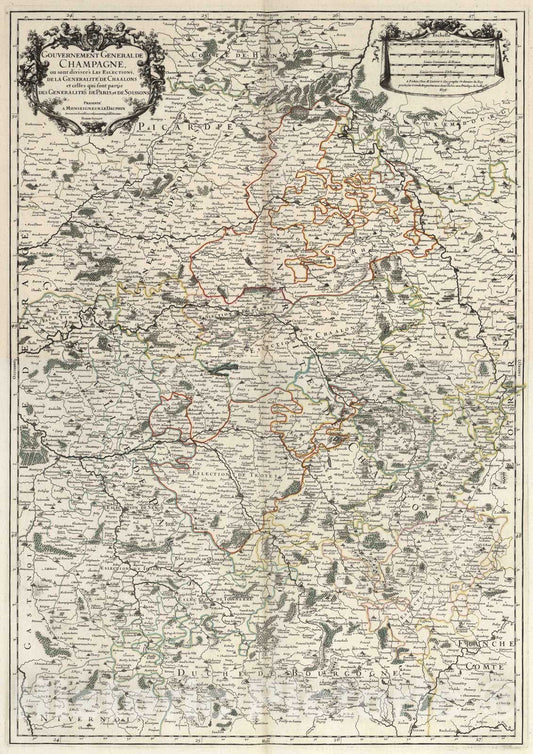 Historic Map : Champagne , France 1695 Composite Map: Gouvernement General de Champagne. , Vintage Wall Art