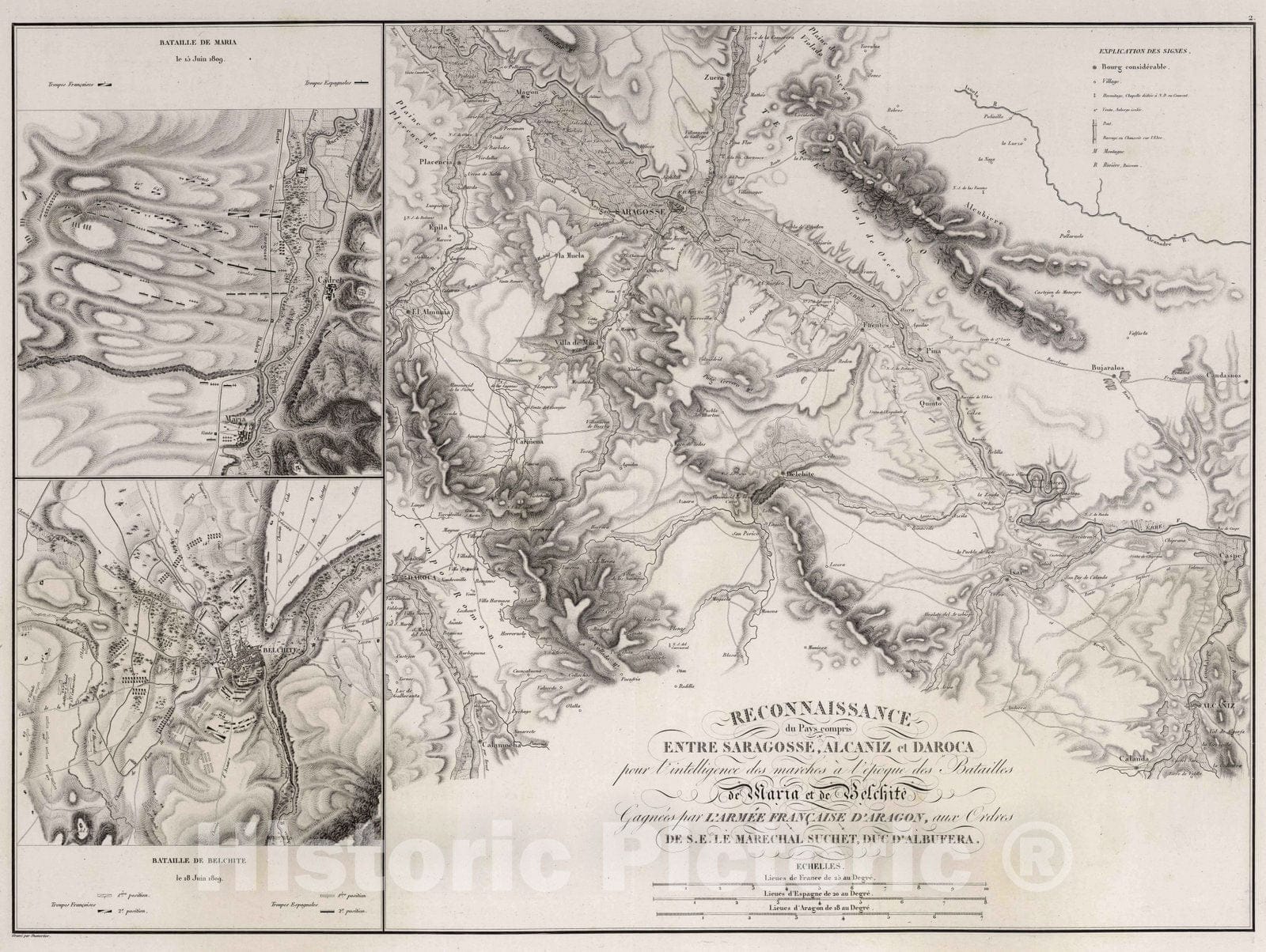 Historic Map : Zaragoza , Spain 1828 Reconnaissance du Pays compris Entre Saragosse, Alcaniz et Daroca. , Vintage Wall Art