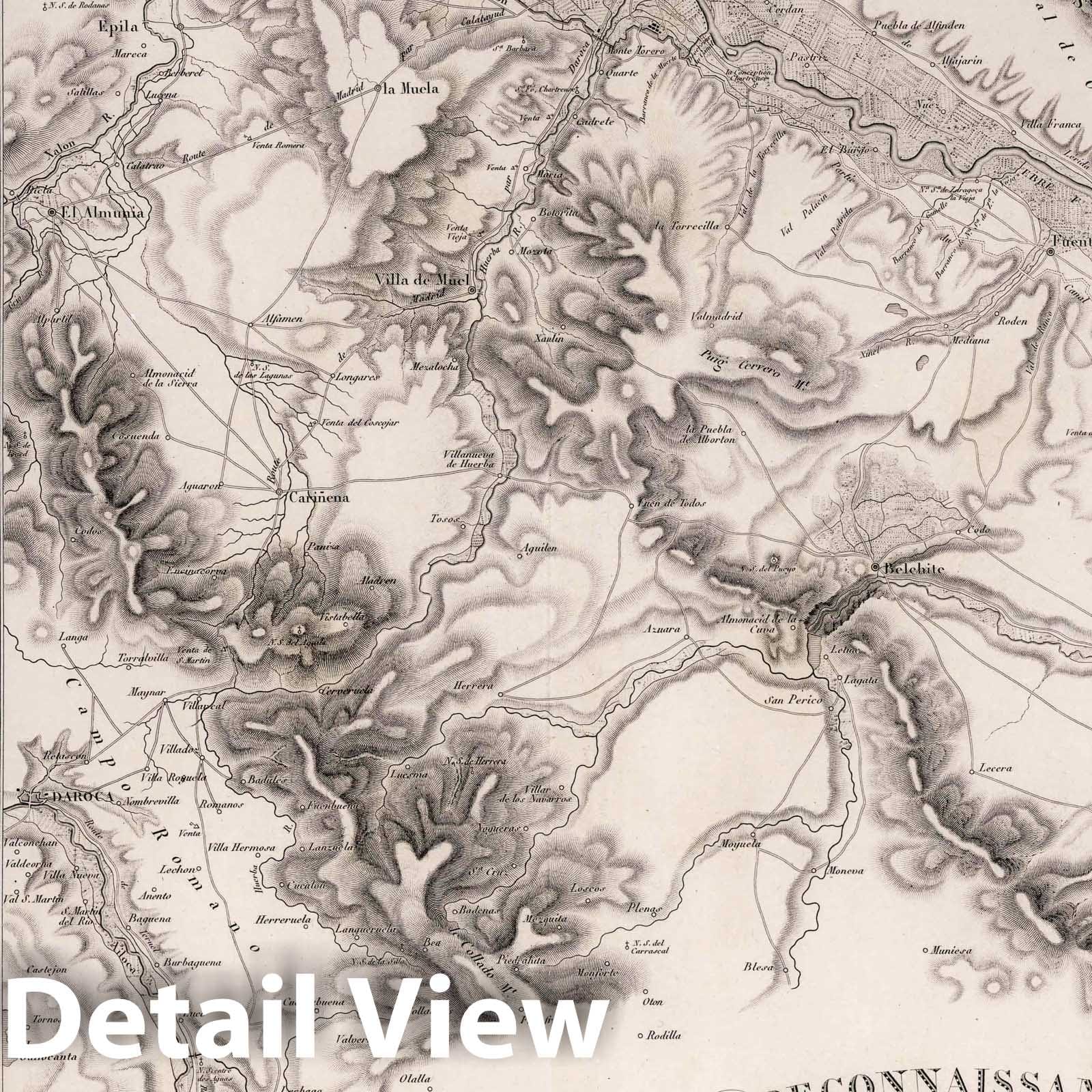 Region Between Zaragoza, Alcaniz, and Daroca Spain with Battles of Maria and Belchite - Military Map, 1828