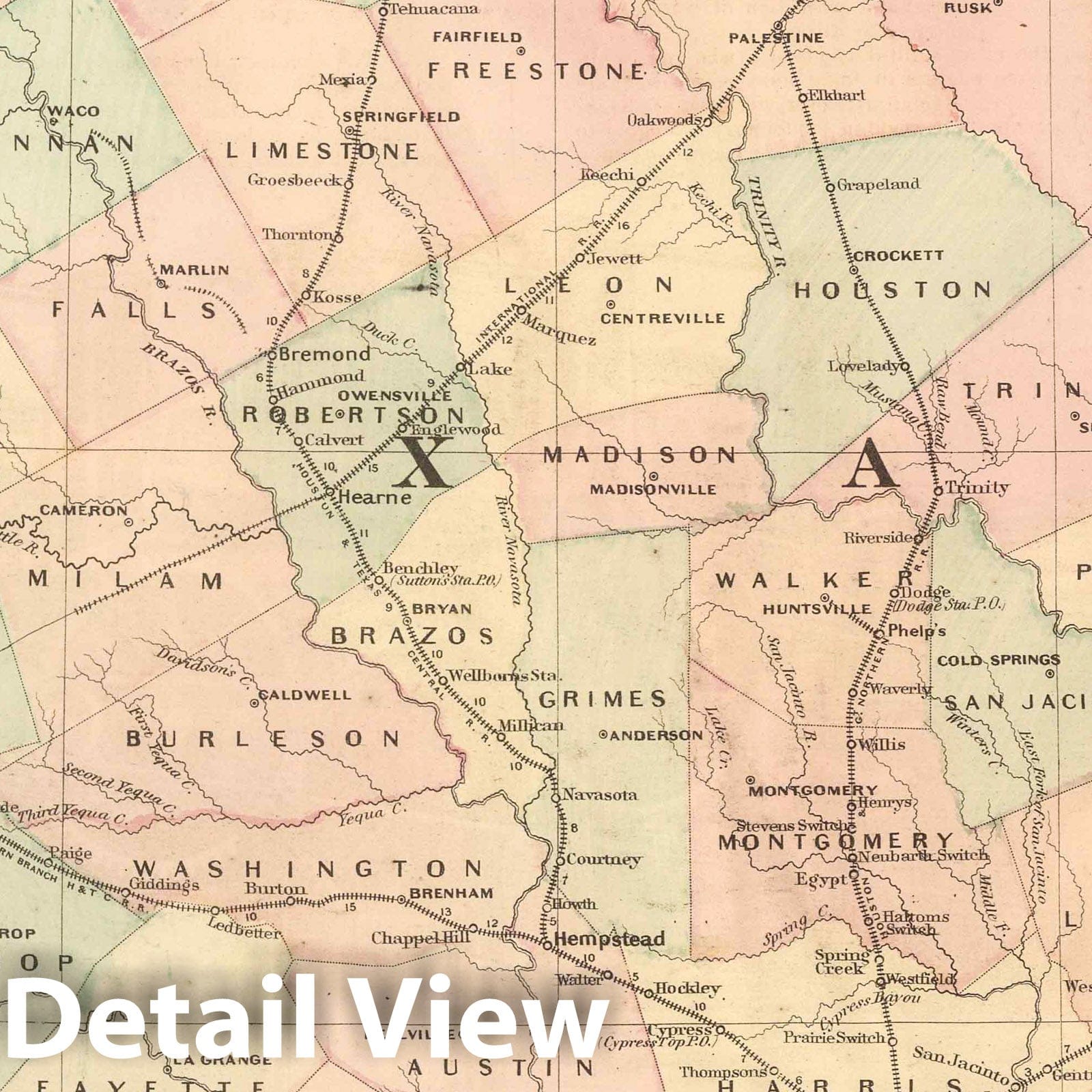 Texas, Eastern Portion - Railroad Map, 1875 - Asher & Adams Atlas Print