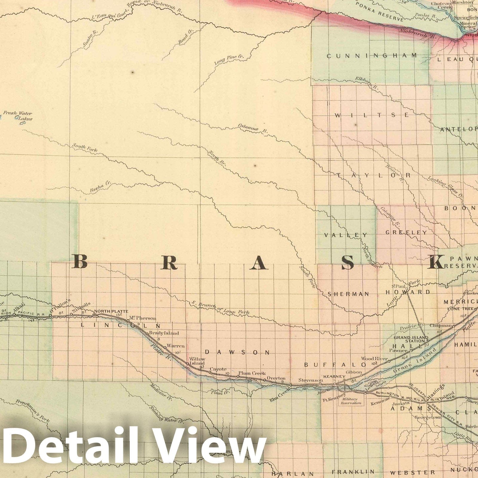 Nebraska - Railroad Map, 1875 - Asher & Adams Historical Map Print