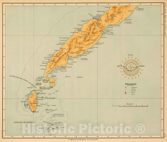 Historic Map : Philippines, 1899 No. 25. Sur de Paragua, Balabac. , Vintage Wall Art
