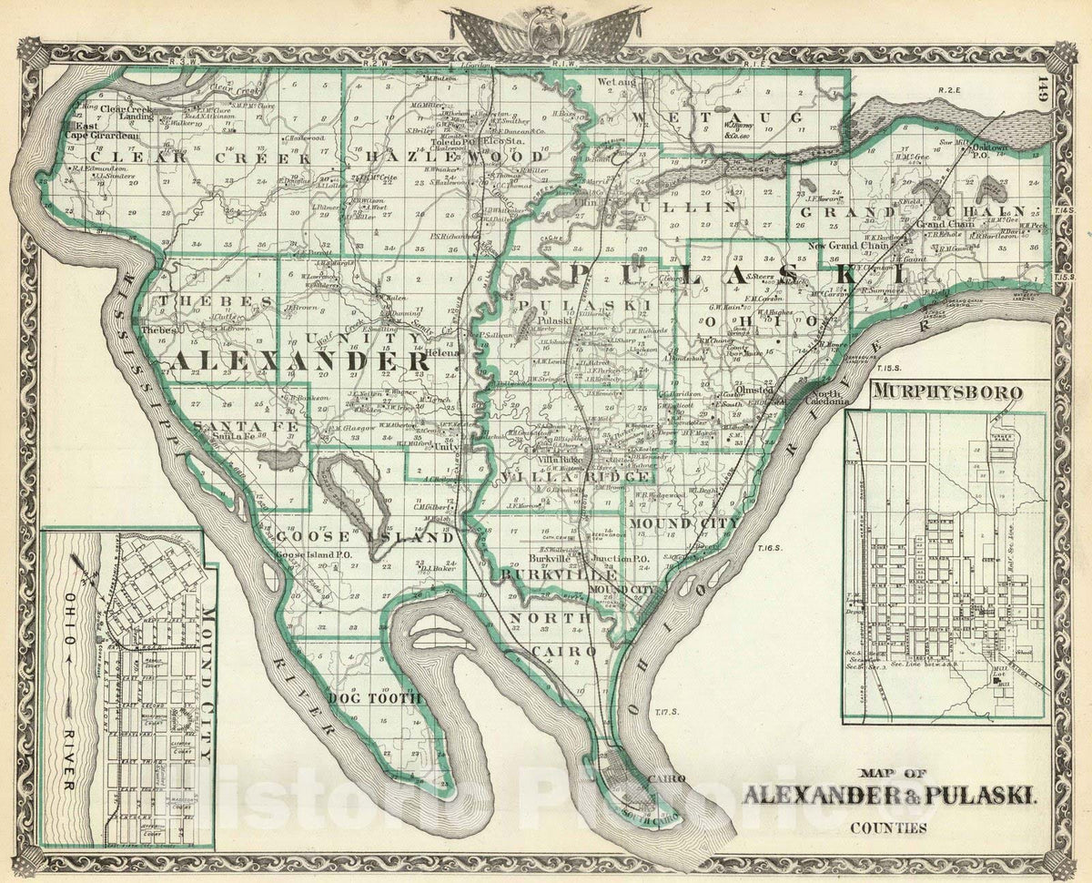 Historic Map : 1876 Map of Alexander & Pulaski counties, Murphysboro and Mound City. - Vintage Wall Art