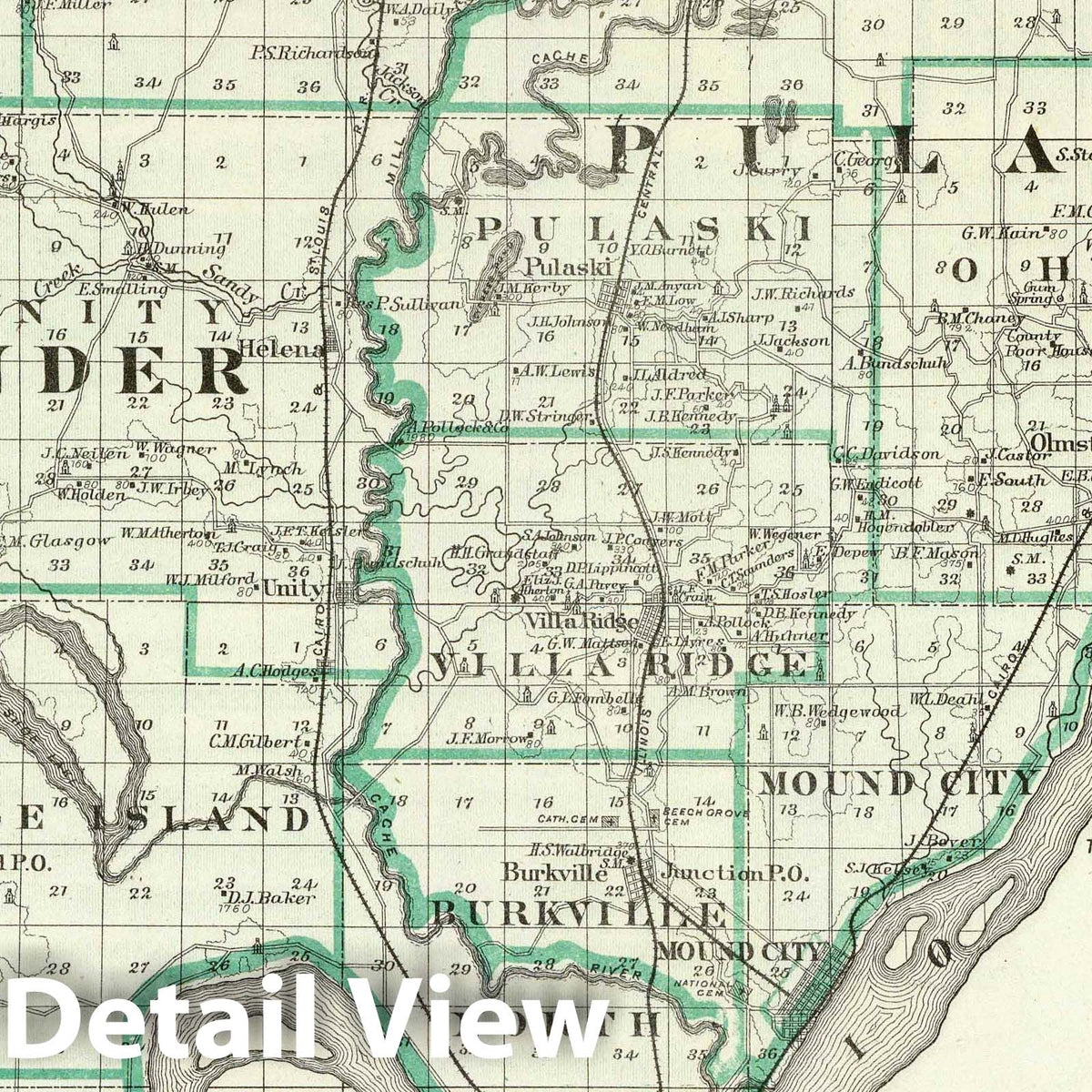 Alexander and Pulaski Counties, Murphysboro, Mound City, Illinois - 1876 Railroad Map