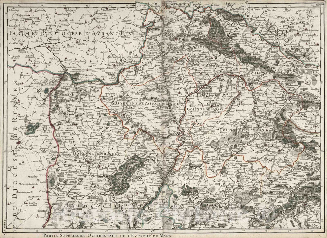 Historic Map : Mans , France 1706 L'Evesche du Mans (northwest sheet). , Vintage Wall Art