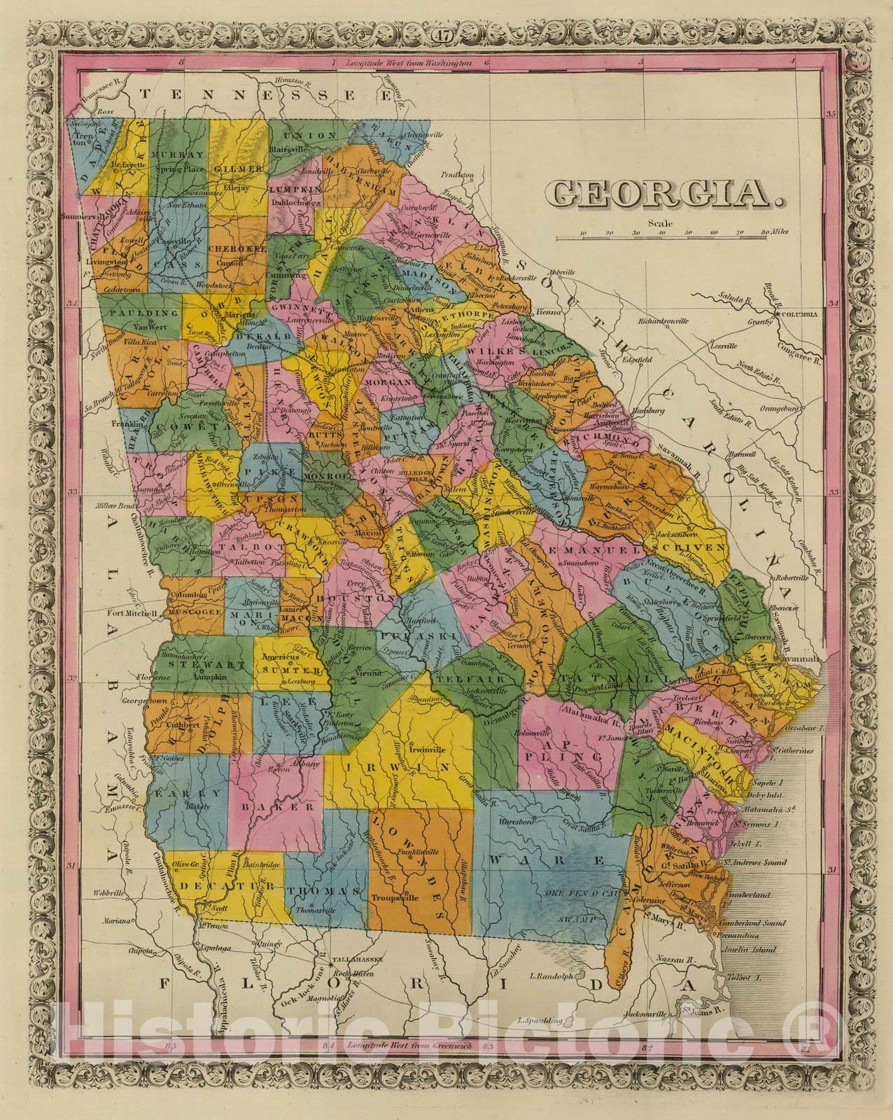 Historic Map : 1845 Georgia. v2 - Vintage Wall Art