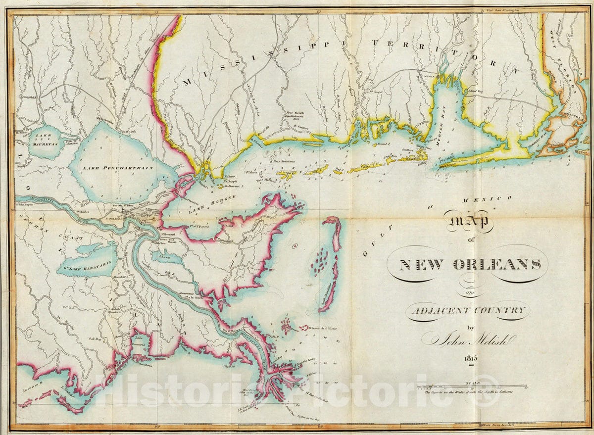 New Orleans and Adjacent Country, Louisiana - Nautical Chart, 1815 - Historical Map Print