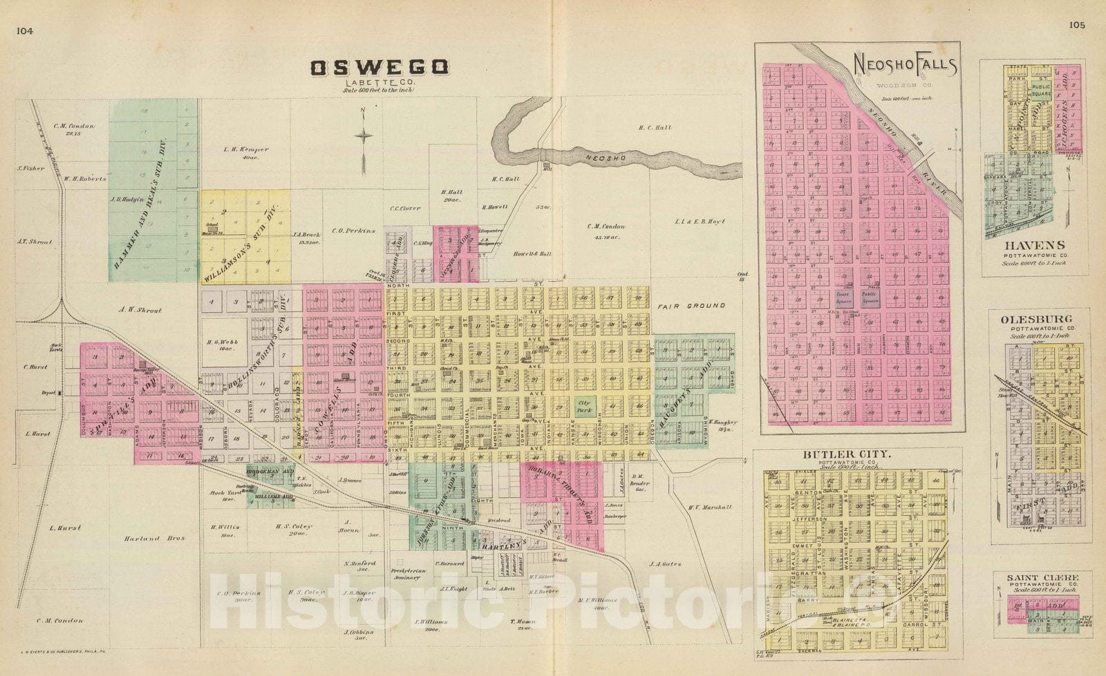 Historic Map : 1887 Oswego, Neosho Falls, Havens, Butler City, Olesburg, Saint Clere. - Vintage Wall Art