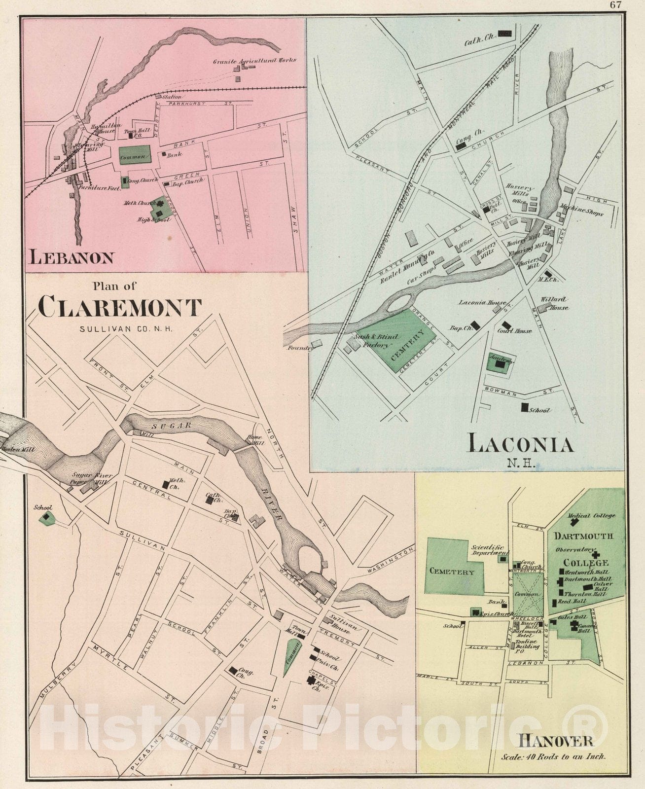 Historic Map : 1877 Lebanon. Plan of Claremont, Sullivan Co, N.H. Lacona, N.H. Hanover. (New Hampshire). - Vintage Wall Art