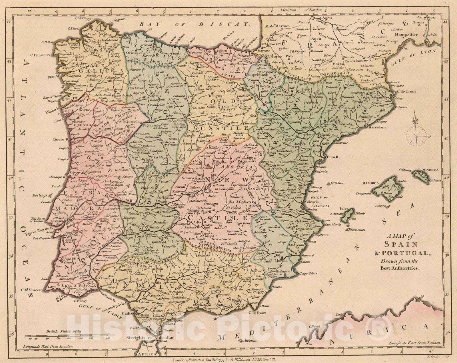 Historic Map : 1794 Spain and Portugal. - Vintage Wall Art