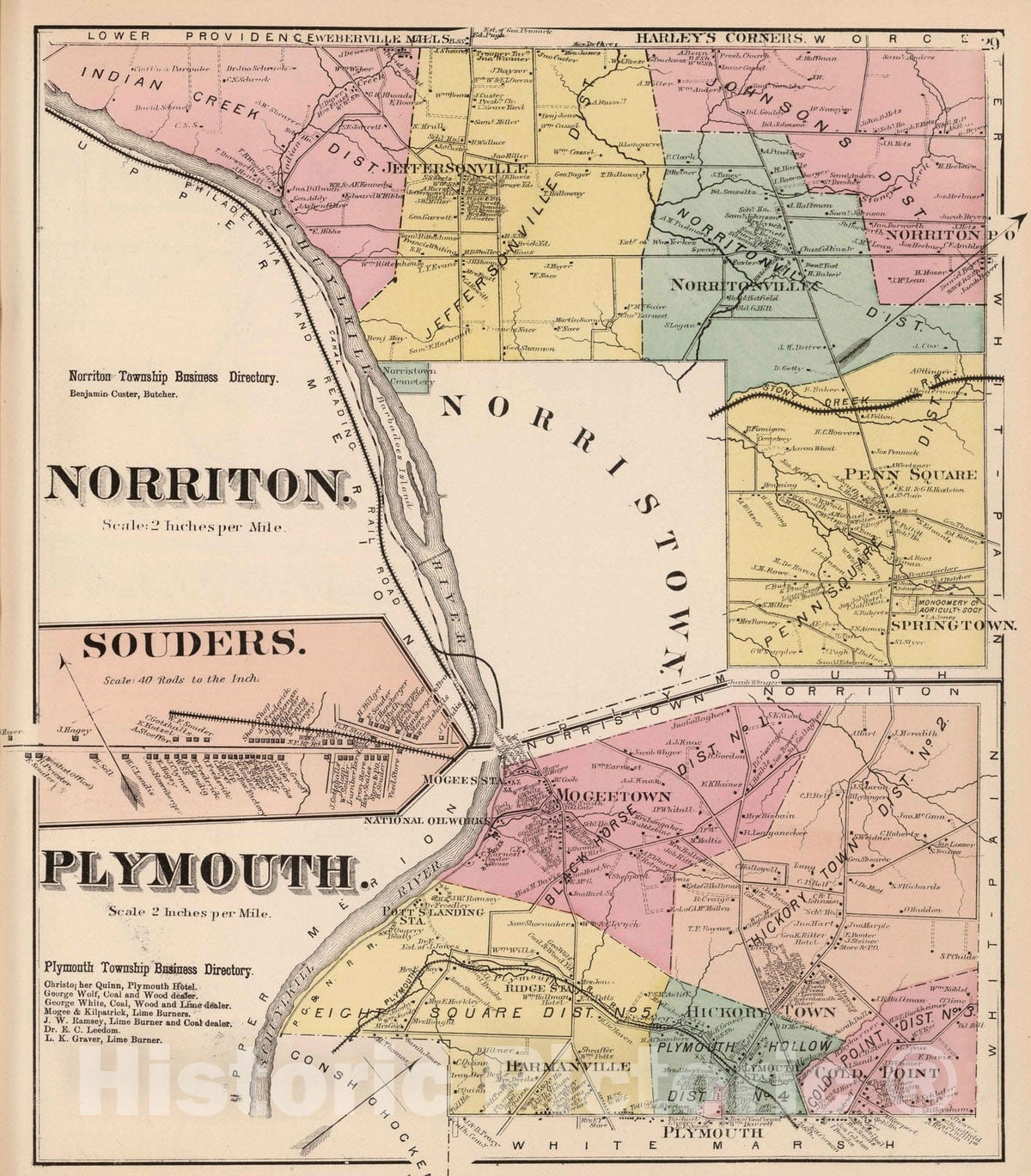 Historic Map : 1871 Norriton and Plymouth, Montogmery County, Pennsylvania. Souders. - Vintage Wall Art