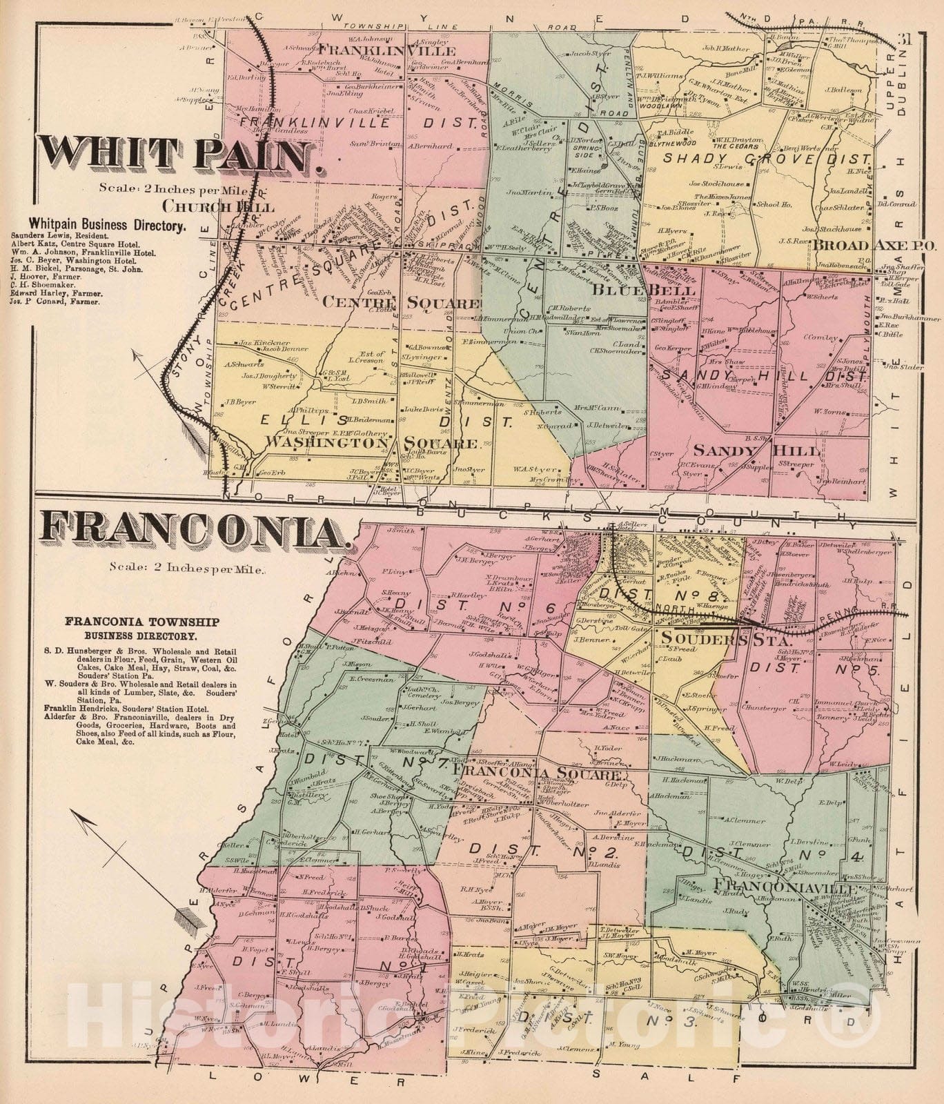 Historic Map : 1871 Whit Pain and Franconia, Montgomery County, Pennsylvania. - Vintage Wall Art