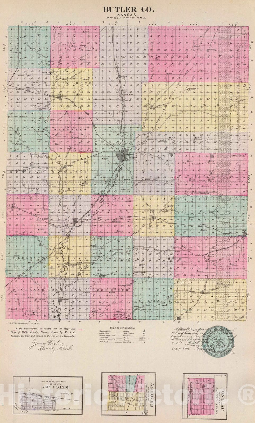 Historic Map : 1887 Butler Co, with Pontiac, Andover and Keighley, Kansas. - Vintage Wall Art