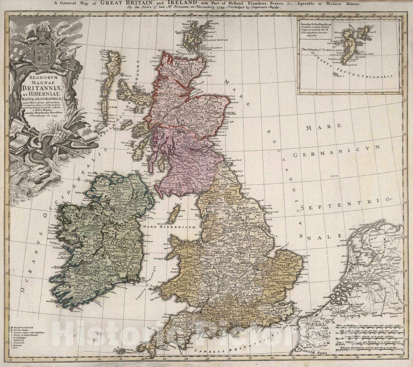 Historic Map : Great Britain 1749 Regnorum Magnae Britanniae et Hiberniae. , Vintage Wall Art