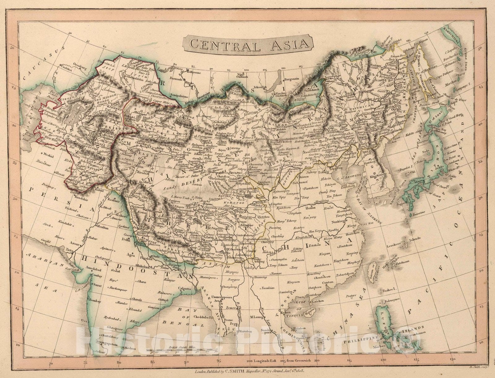 Central Asia: China, Korea, Tibet, Uzbekistan, 1808 - Historical Map Print