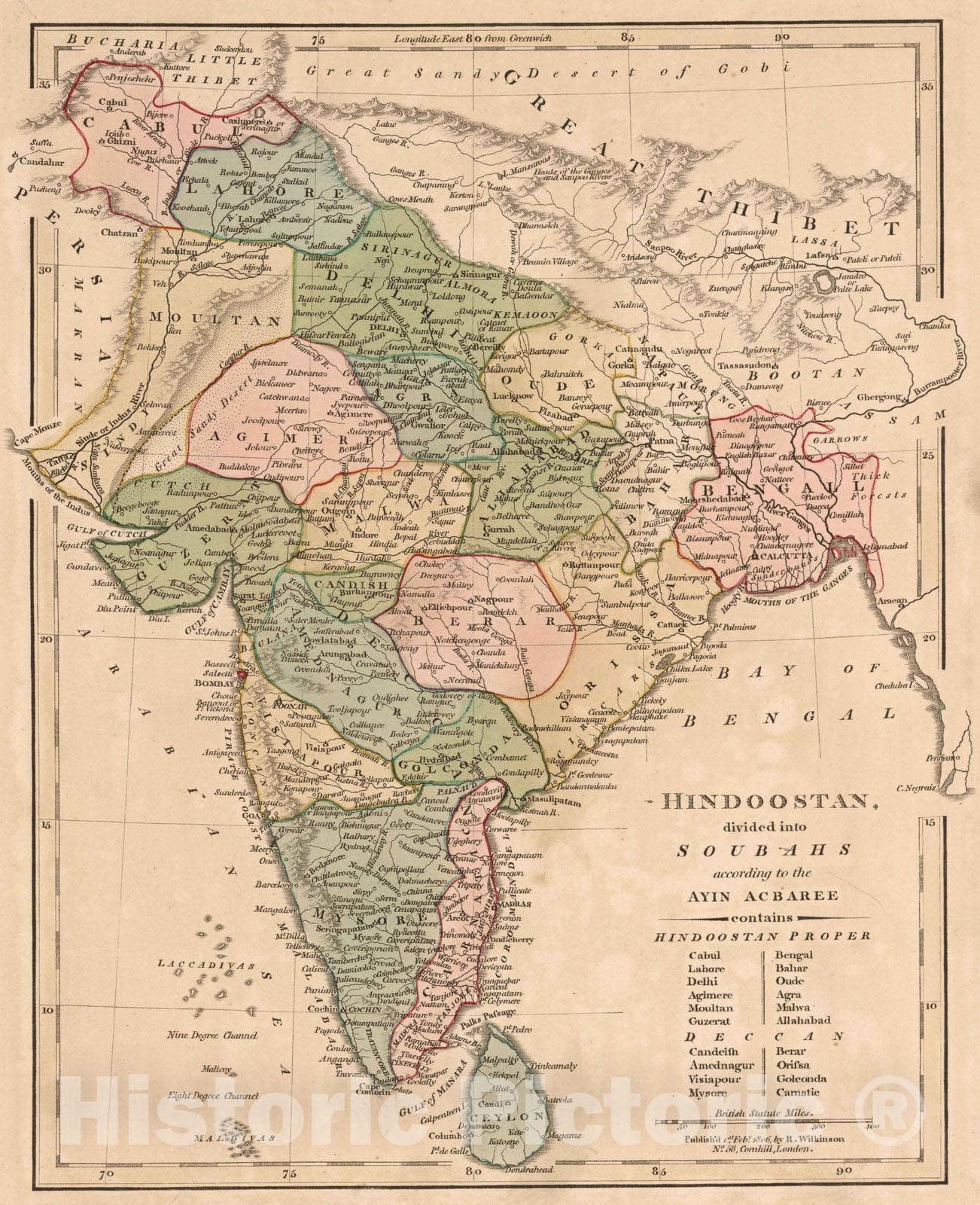 Historic Map : 1806 Hindoostan Divided into Soubahs according to the Ayin Acbaree. v2 - Vintage Wall Art
