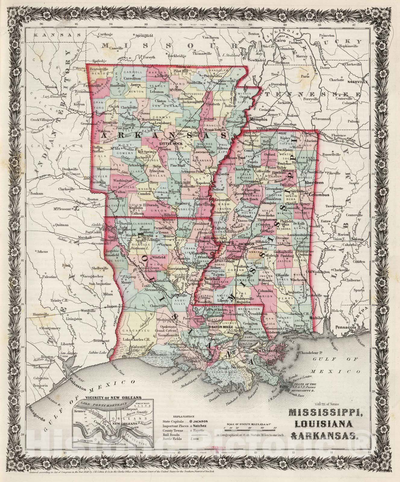 Historic Map : 1858 Mississippi, Louisiana, and Arkansas. - Vintage Wall Art
