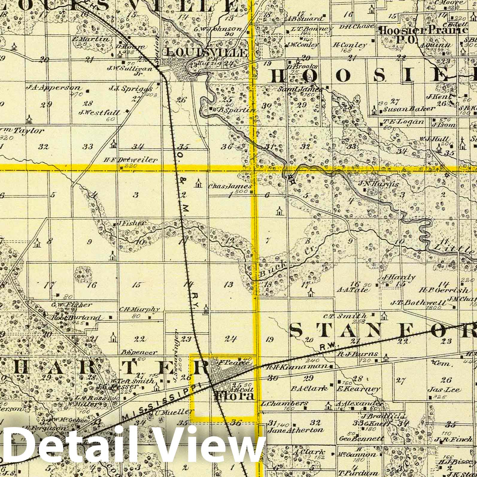 Clay County, Illinois with Flora and Louisville - Railroad Map, 1876