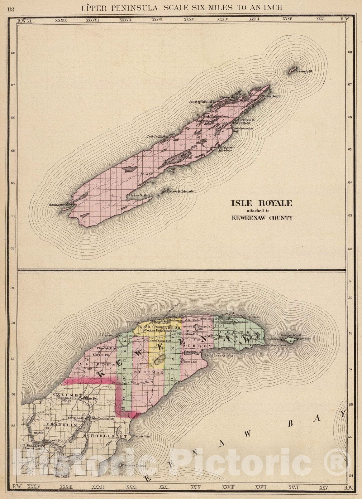 Historic Map - 1873 Upper Peninsula, scale six miles to an inch, Isle Royale (and Keweenaw Co.), Atlas - Vintage Wall Art