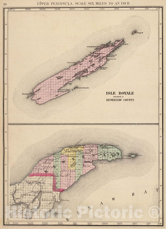 Historic Map - 1873 Upper Peninsula, scale six miles to an inch, Isle Royale (and Keweenaw Co.), Atlas - Vintage Wall Art