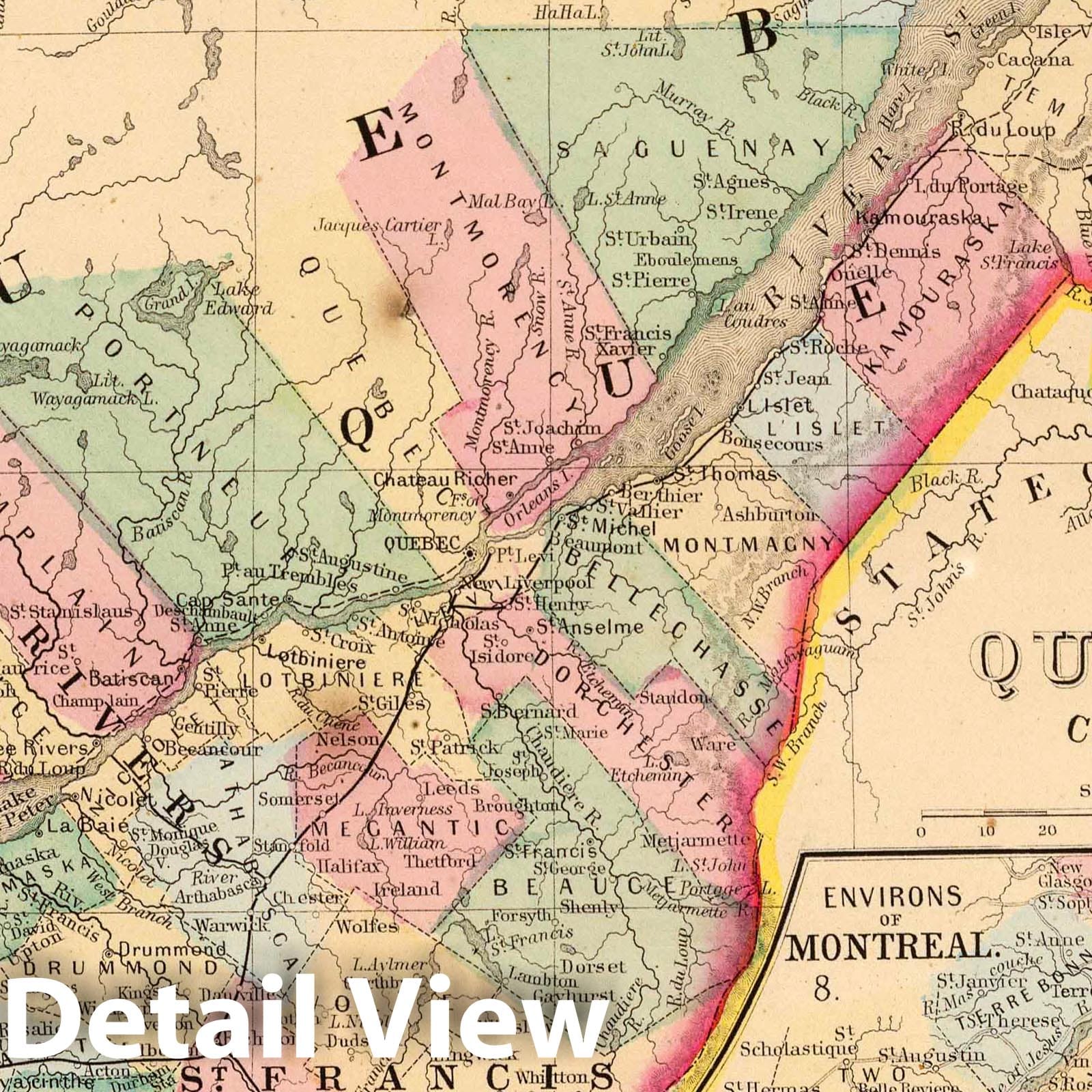 Map of Quebec in counties with Environs of Montreal - 1870 Railroad Map Print