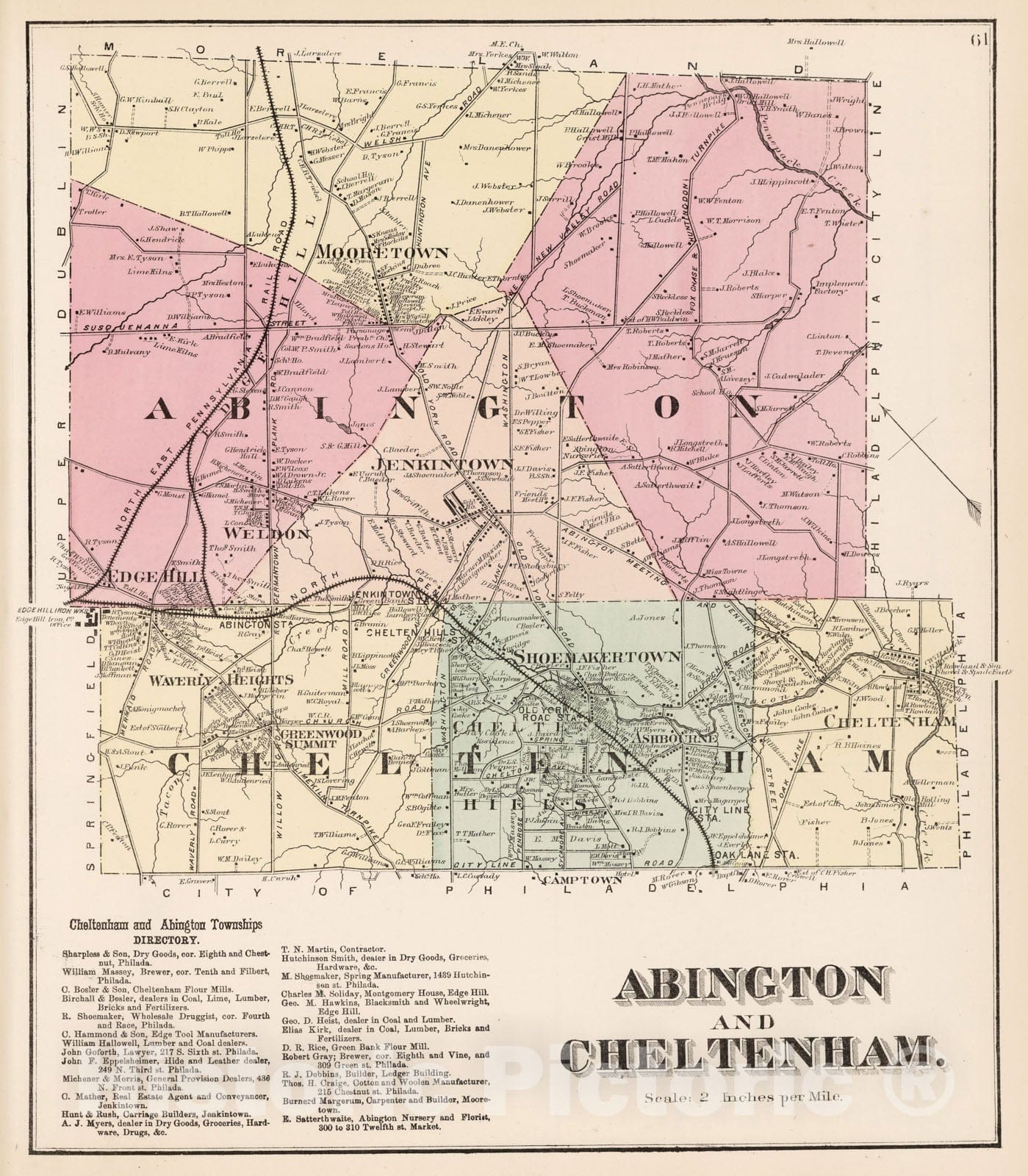 Historic Map - 1871 Abington and Cheltenham, Montgomery County, Pennsylvania. - Vintage Wall Art