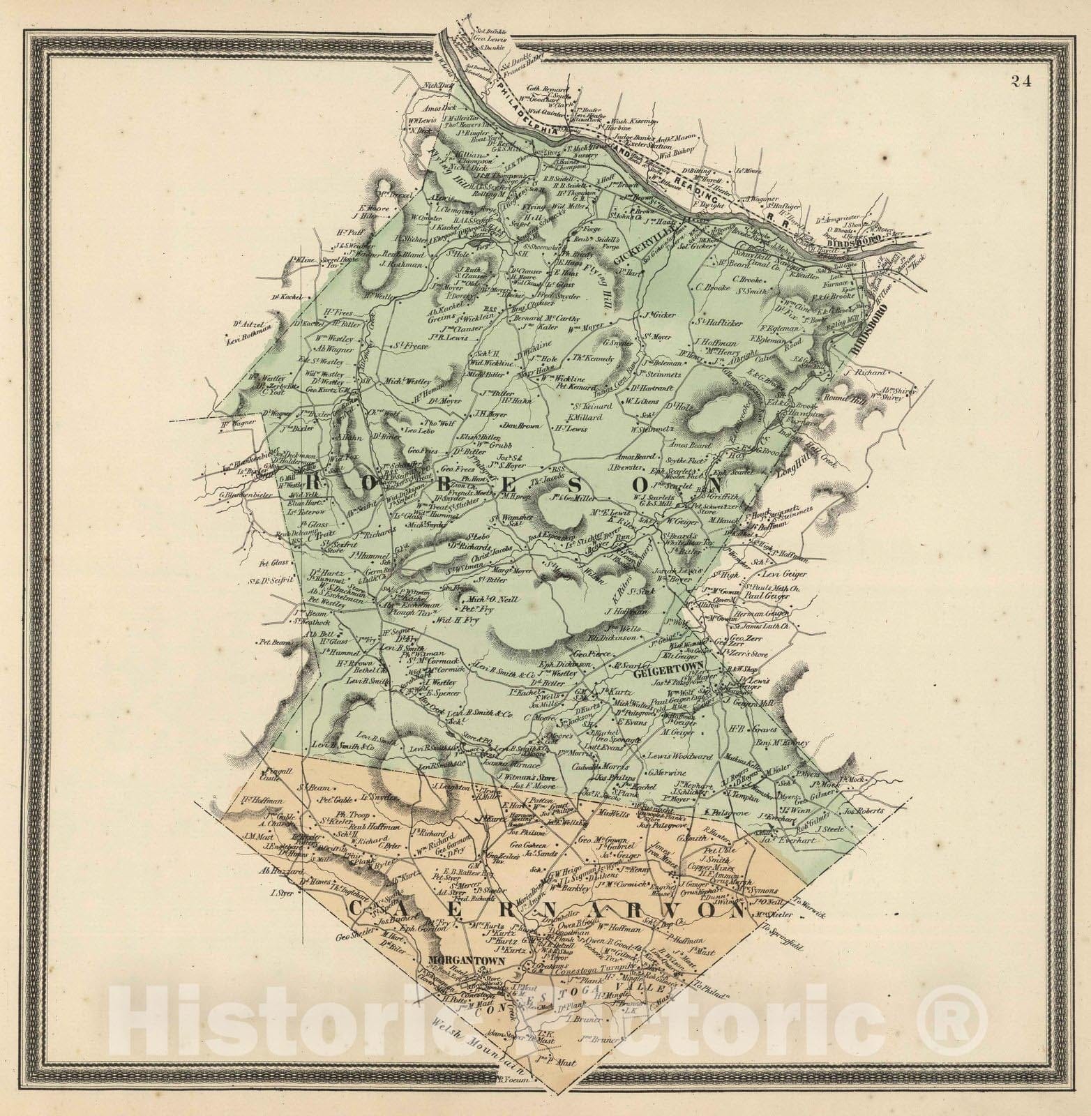 Historic Map : 1862 Robeson and Caernarvon Townships, Berks County, Pennsylvania. - Vintage Wall Art