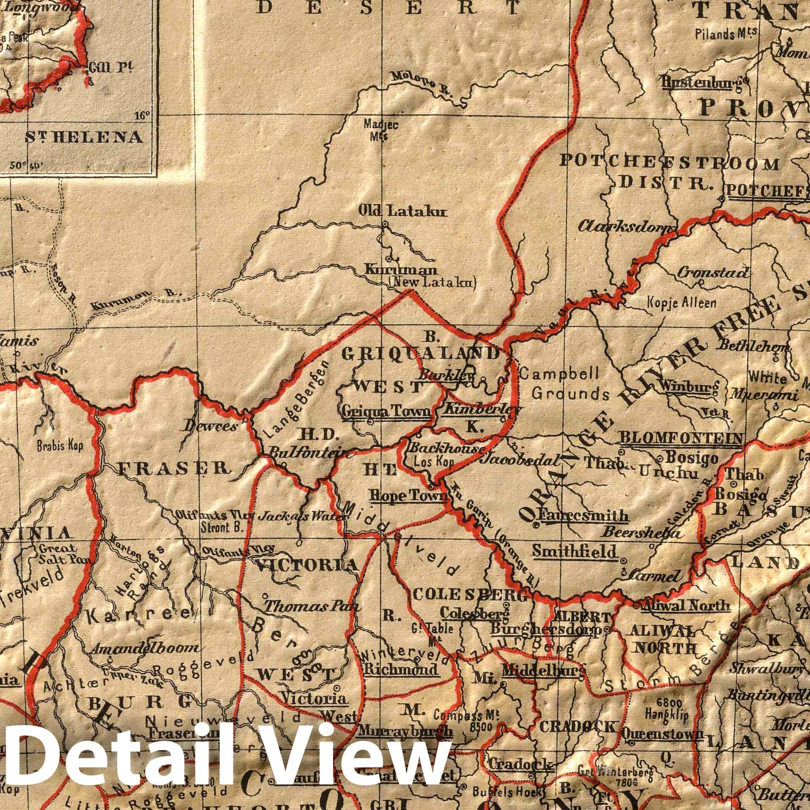 Cape Colony, South Africa - Physical Map, 1880 - Historical Map Print