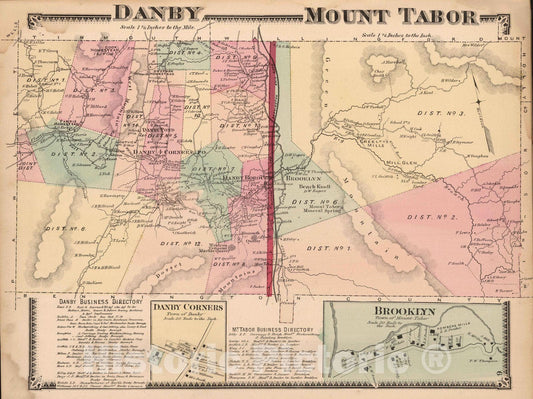 Historic Map : 1869 Danby and Mount Tabor, Rutland County, Vermont. Danby Corners. Brooklyn. - Vintage Wall Art