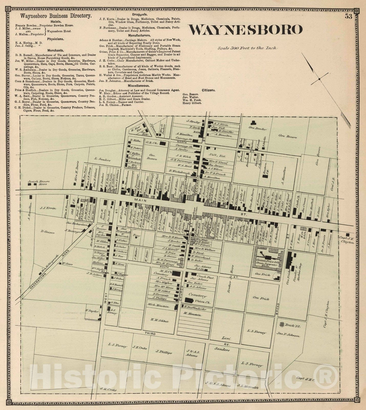 Historic Map : 1868 Waynesboro, Franklin County, Pennsylvania. - Vintage Wall Art