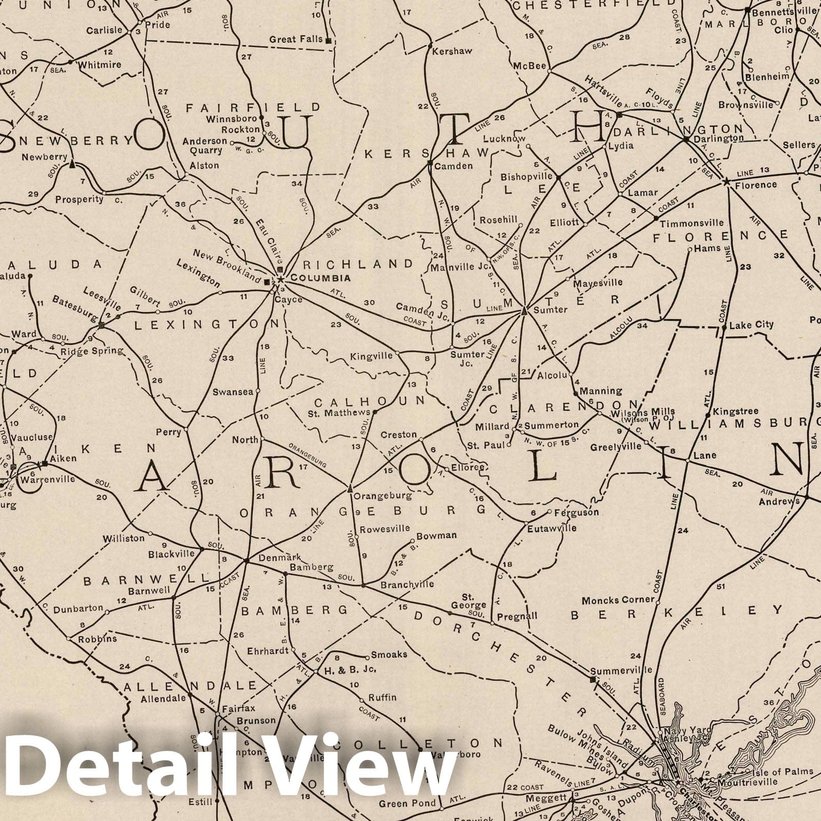 South Carolina - Railroad Map, 1924 - Historical Map Print