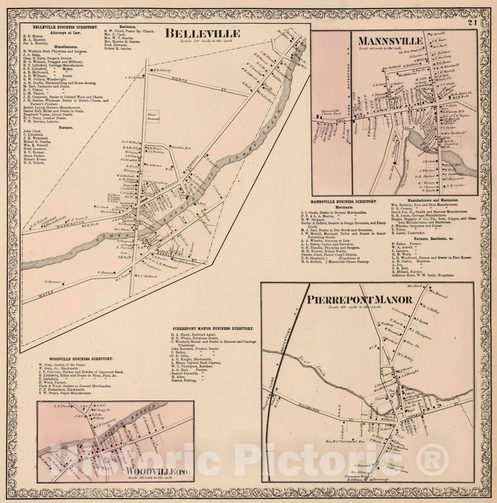 Historic Map : 1864 Belleville. Mannsville. Woodville. Pierrepont Manor, New York. - Vintage Wall Art
