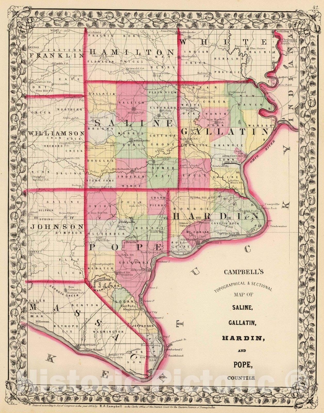 Historic Map : 1870 Saline, Gallatin, Hardin, Pope counties. - Vintage Wall Art
