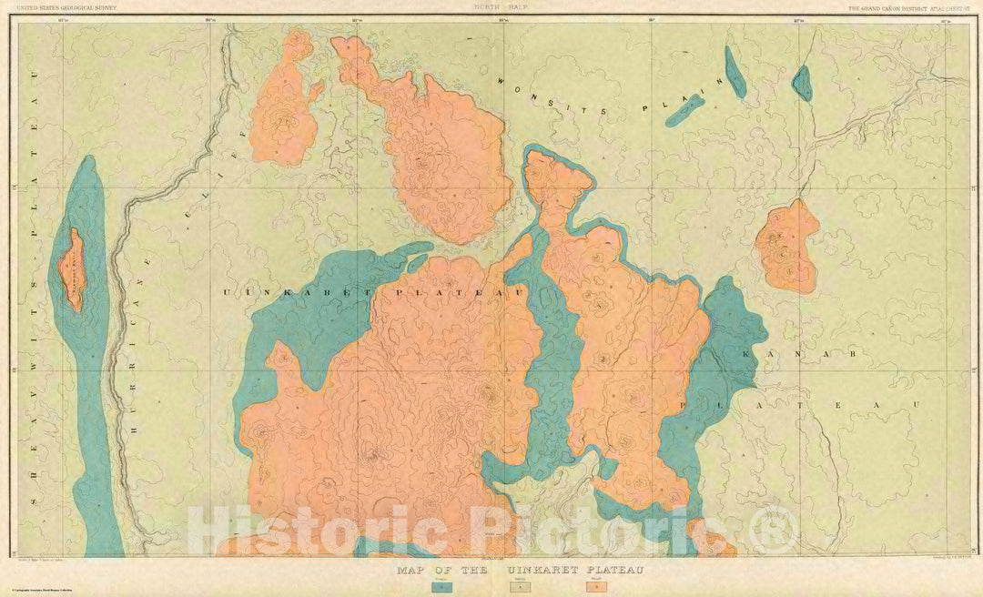 Historic Map : Geologic Atlas - 1882 Map Of The Uinkaret Plateau. North Half. Atlas Sheet VII. Geology of the Grand Canon District. - Vintage Wall Art
